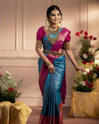 DEIANA'S Beautiful Designer Golden zari Soft Lichi Silk Saree - Blue | Grocsy