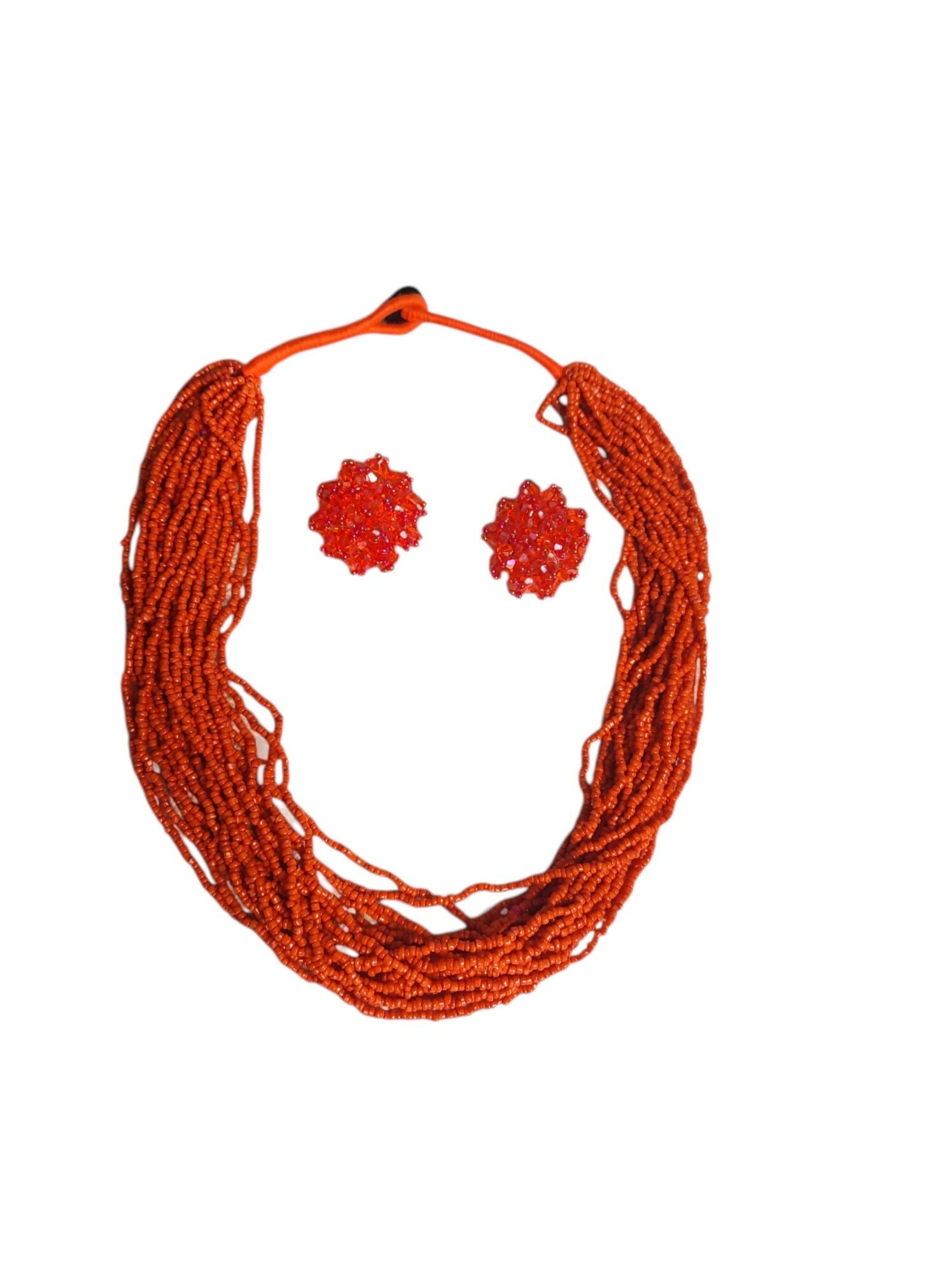 Inhanns Vibrant Handmade 20 Layers Beaded Necklace With Matching Earrings - Orange | Grocsy
