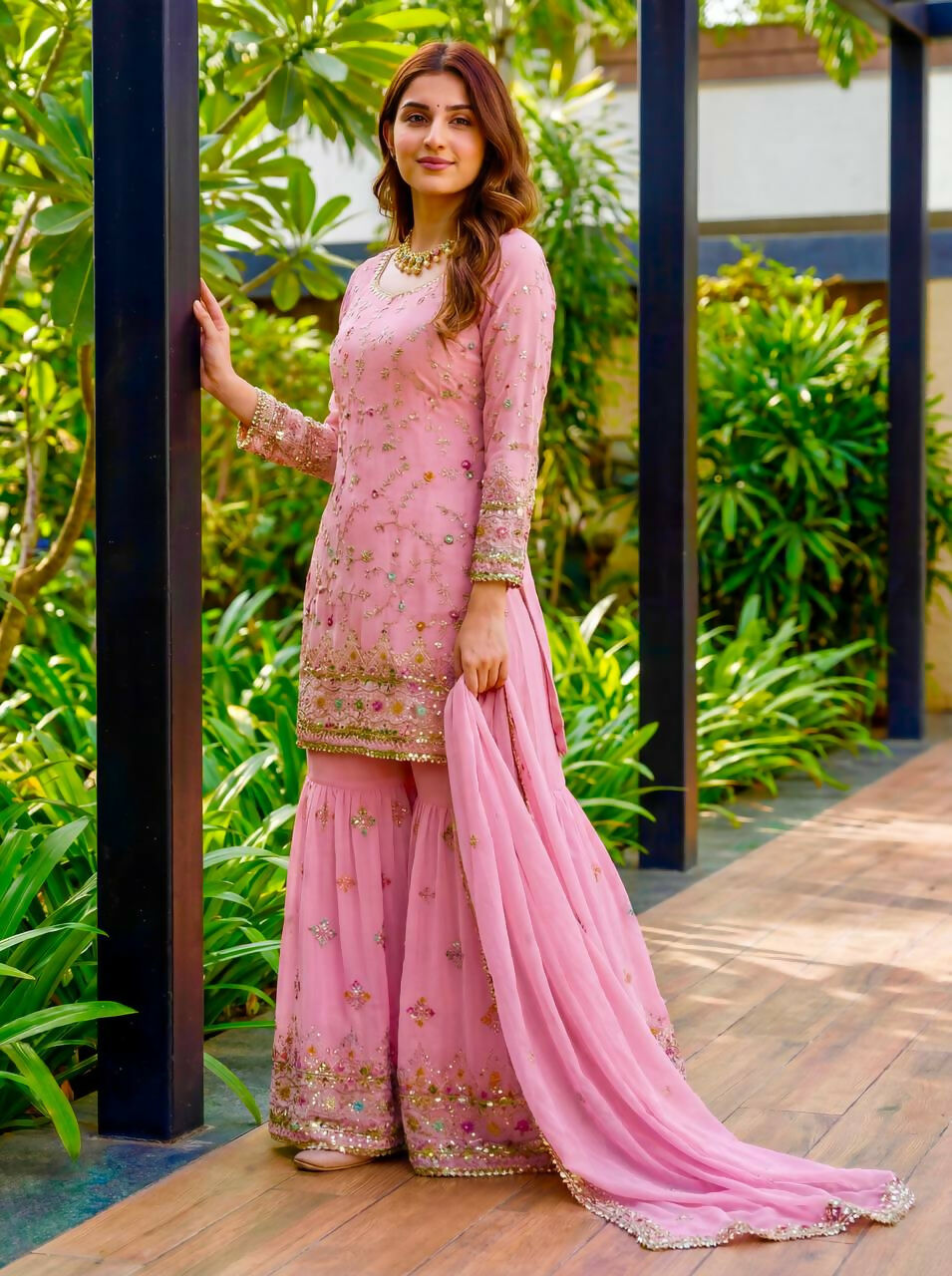 Teeya Creation Pink Faux Georgette Multi Thread Work Wedding Wear Sharara Set | Grocsy
