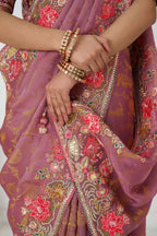 Kesar Fab Threaded Blossoms: Pink With Colorful Floral Embroidery Saree | Grocsy