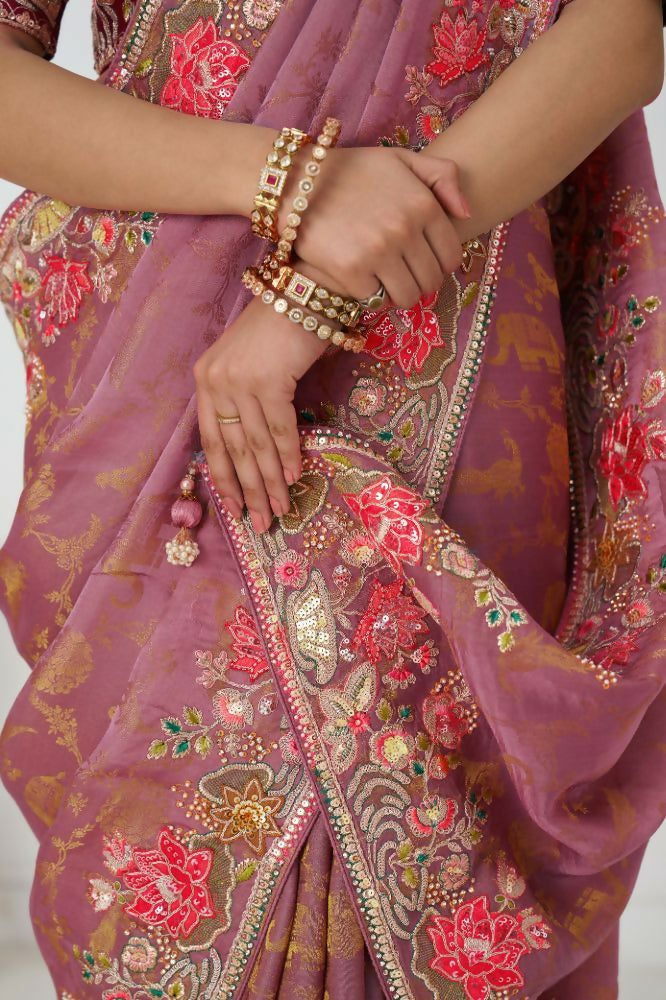 Kesar Fab Threaded Blossoms: Pink With Colorful Floral Embroidery Saree | Grocsy