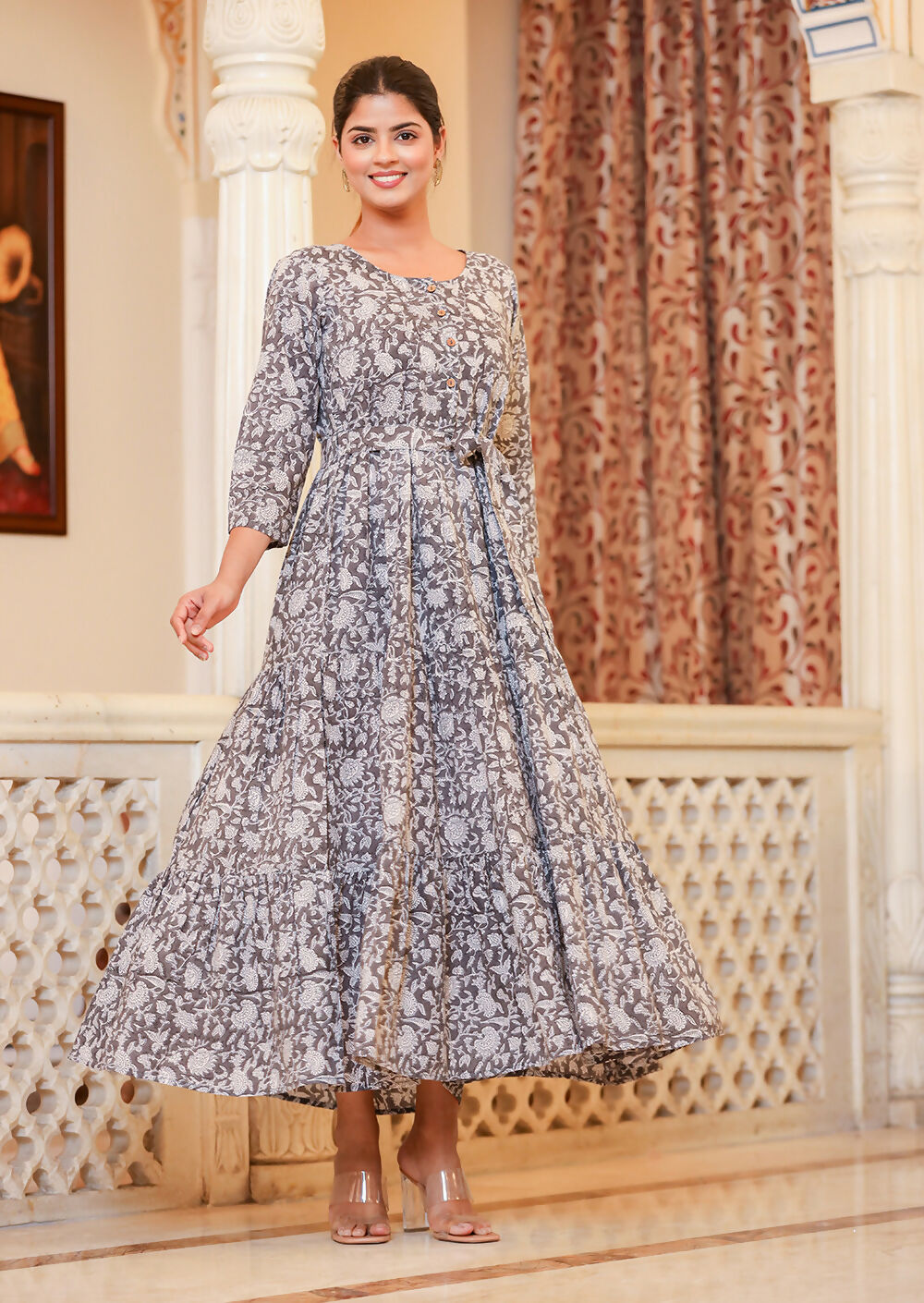 Kaajh Women's Grey Ethnic Floral Hand Block Print Cotton Dress | Grocsy