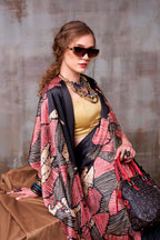 Vastranavya Black Satin Silk Printed Saree with a Natural Silk Unstitched Blouse | Grocsy