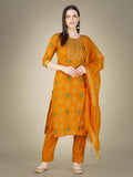 Jyoti Fashion Women's Yellow Cotton Magic Slub Embroidery & Sequence work Kurta with Trouser & Dupatta | Grocsy