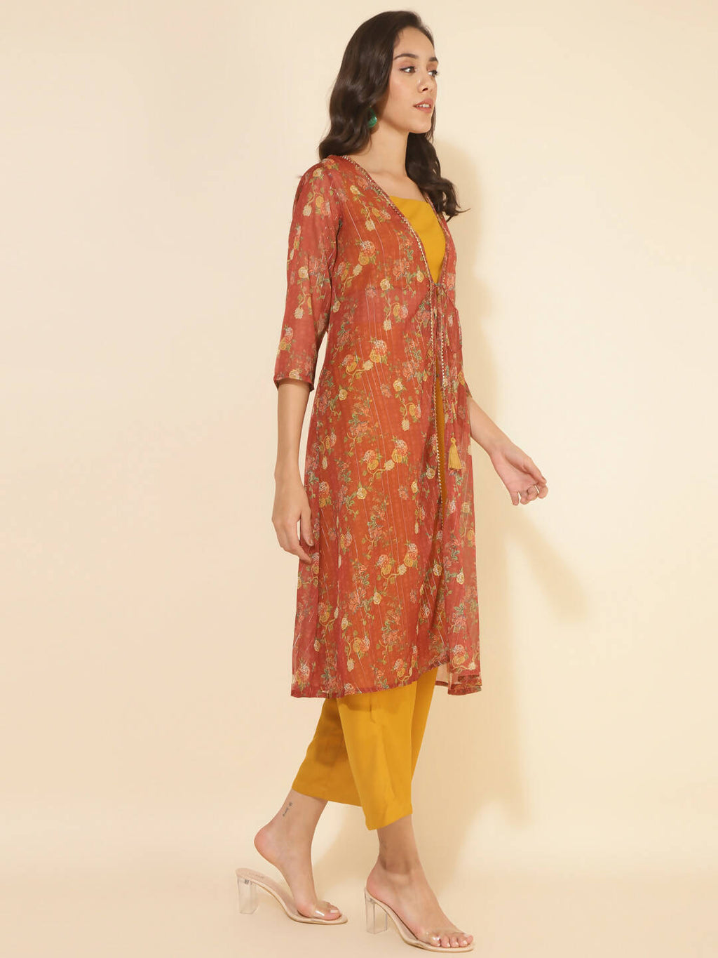 Janasya Women's Mustard Moss Solid Festive Crop Top Set | Grocsy