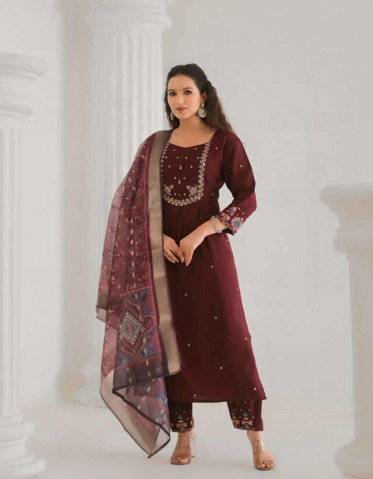 Festive Ethnic Viscose Chanderi Maroon Stitched Suit With Dupatta - Rashmika | Grocsy