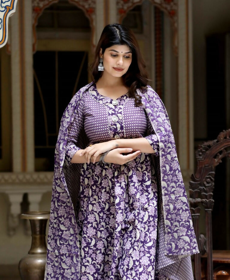 Miravan Women's Flower Printed Blue Anarkali Kurta With Beautiful Border And Dupatta | Grocsy