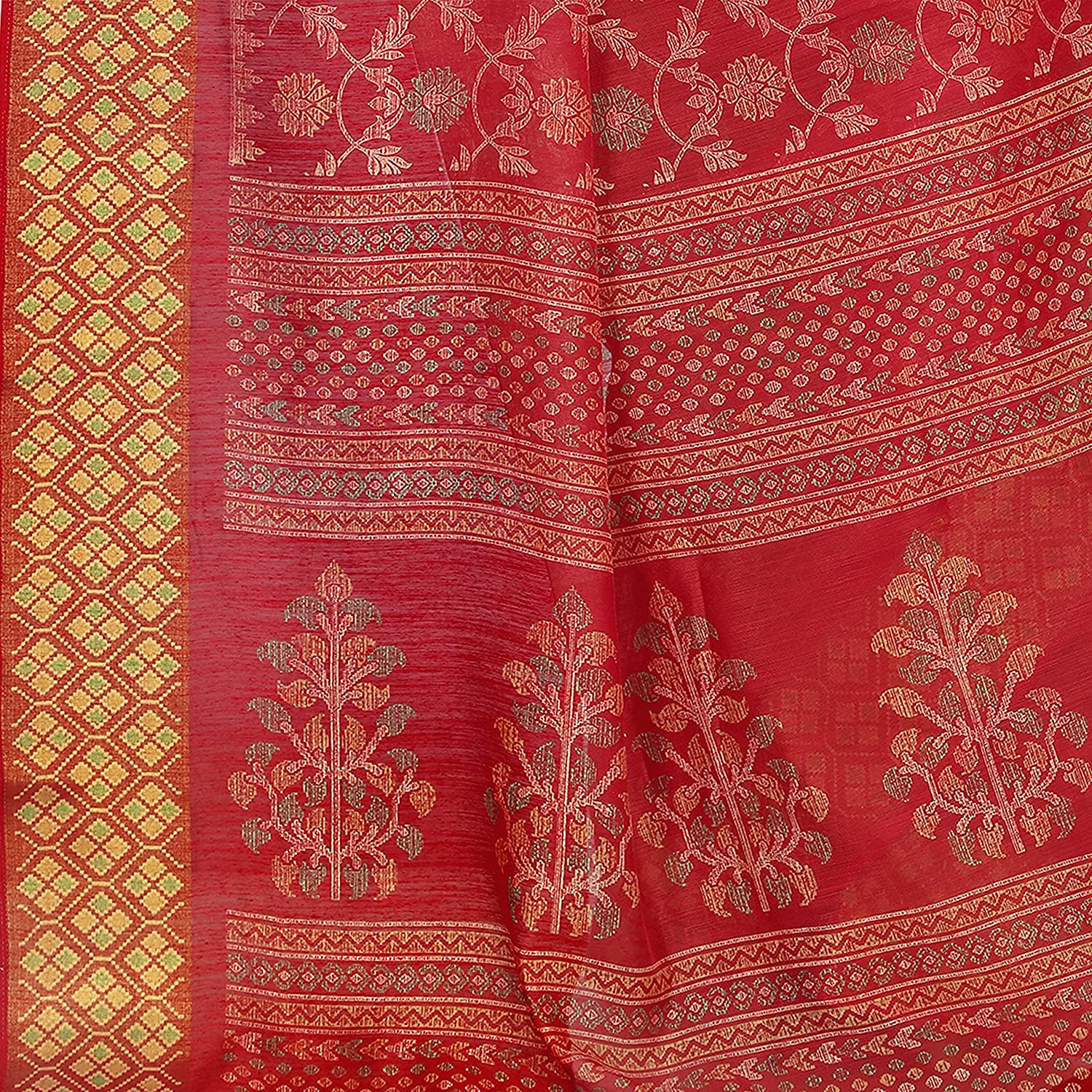 Mirchi Fashion Women's Red Cotton Blend Kalamkari Printed Saree | Grocsy