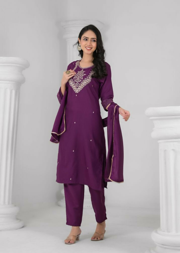 Ethnic Festive Wear Reyon Wine Stitched Suit With Dupatta - Tanisha | Grocsy