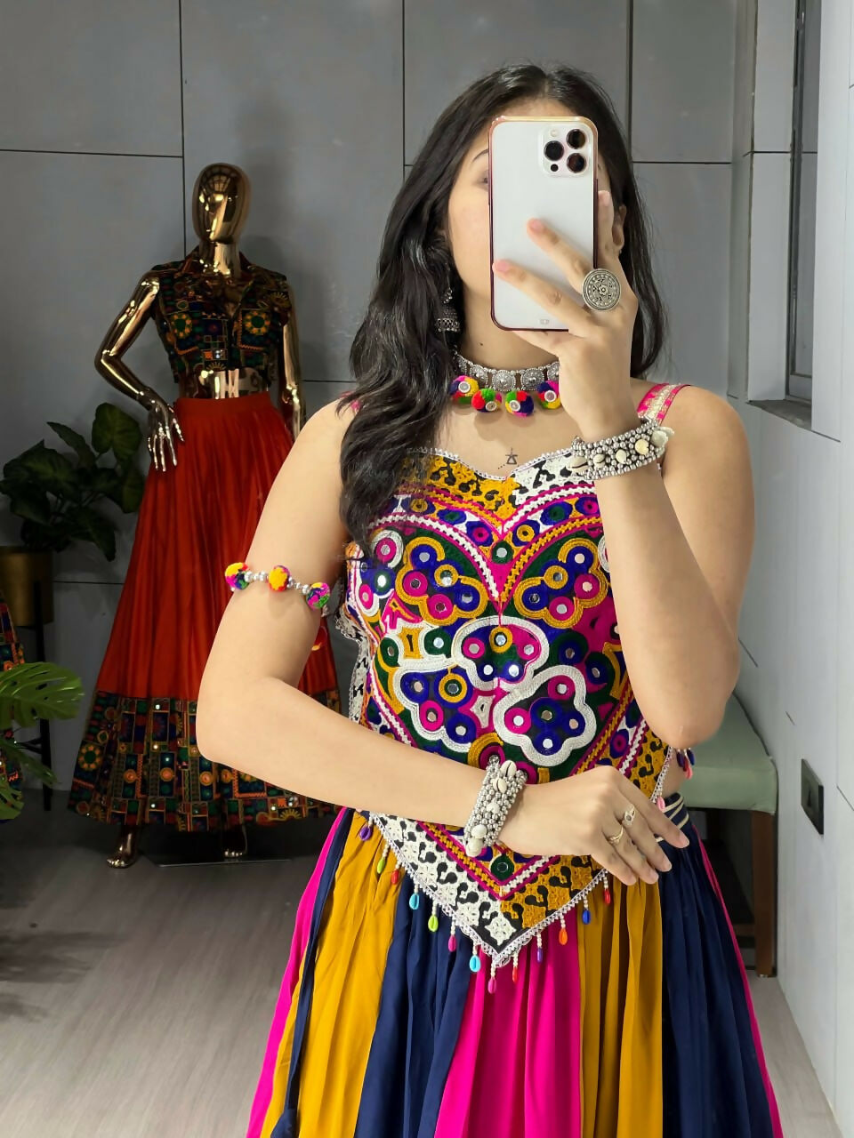Yash Enterprise Multi Color Rayon Cotton Embroidery Semi Stitched Navratri Top Chaniya Choli | Grocsy