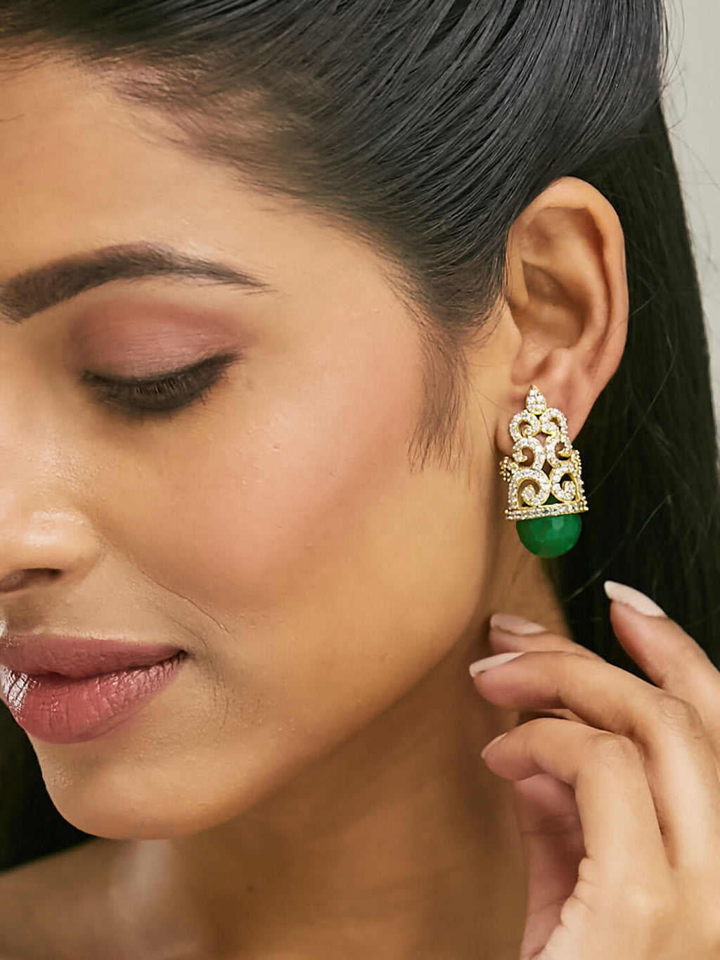 Nuyug 22K Gold-Plated Green Gemstone & Zircon Studded Contemporary Filigree Motif Studs | Grocsy
