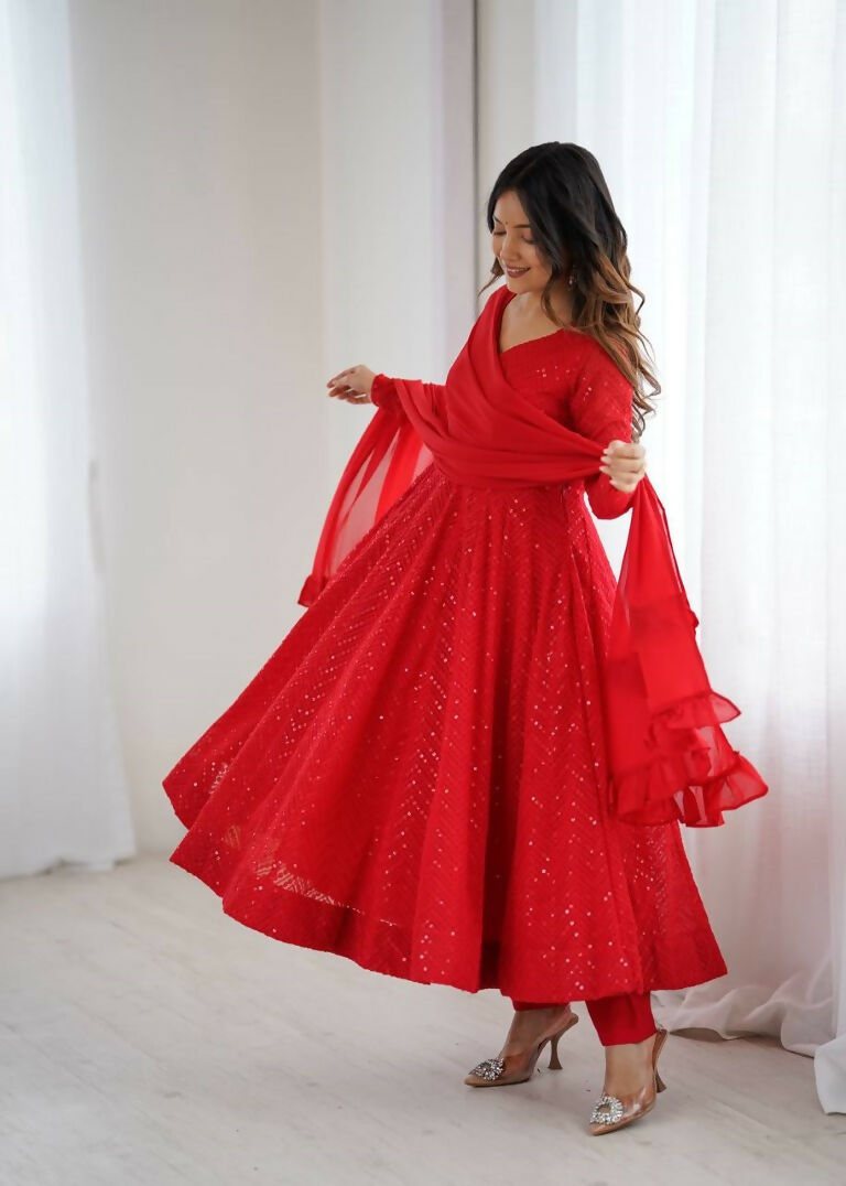 Teeya Creation Red Color Heavy Embroidery Work Georgette Fabric Wedding Wear Gown | Grocsy