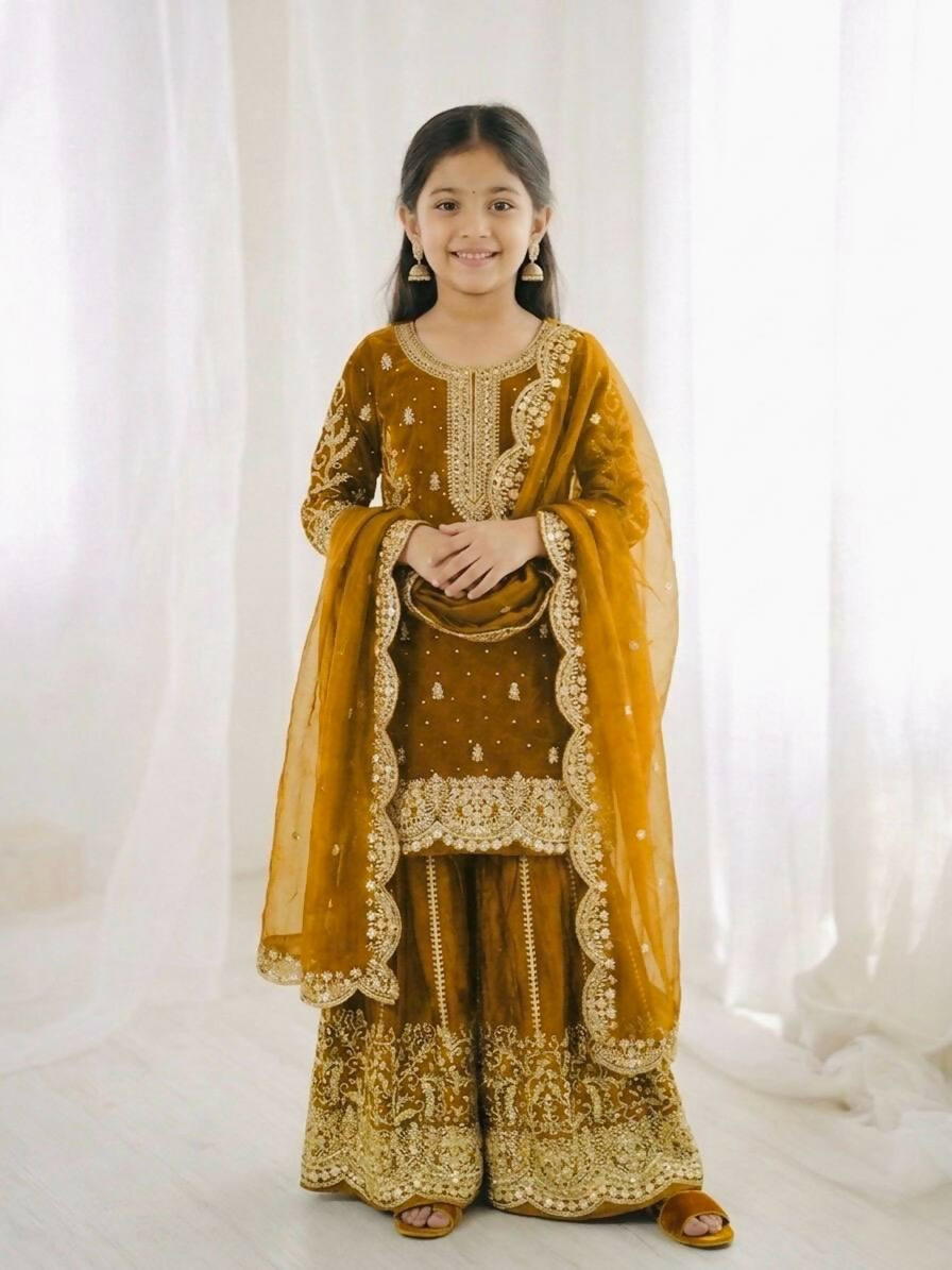 Teeya Creation New Trendy Fully Stitched Ready to Wear Kids Kurta Palazzo Set-Yellow | Grocsy