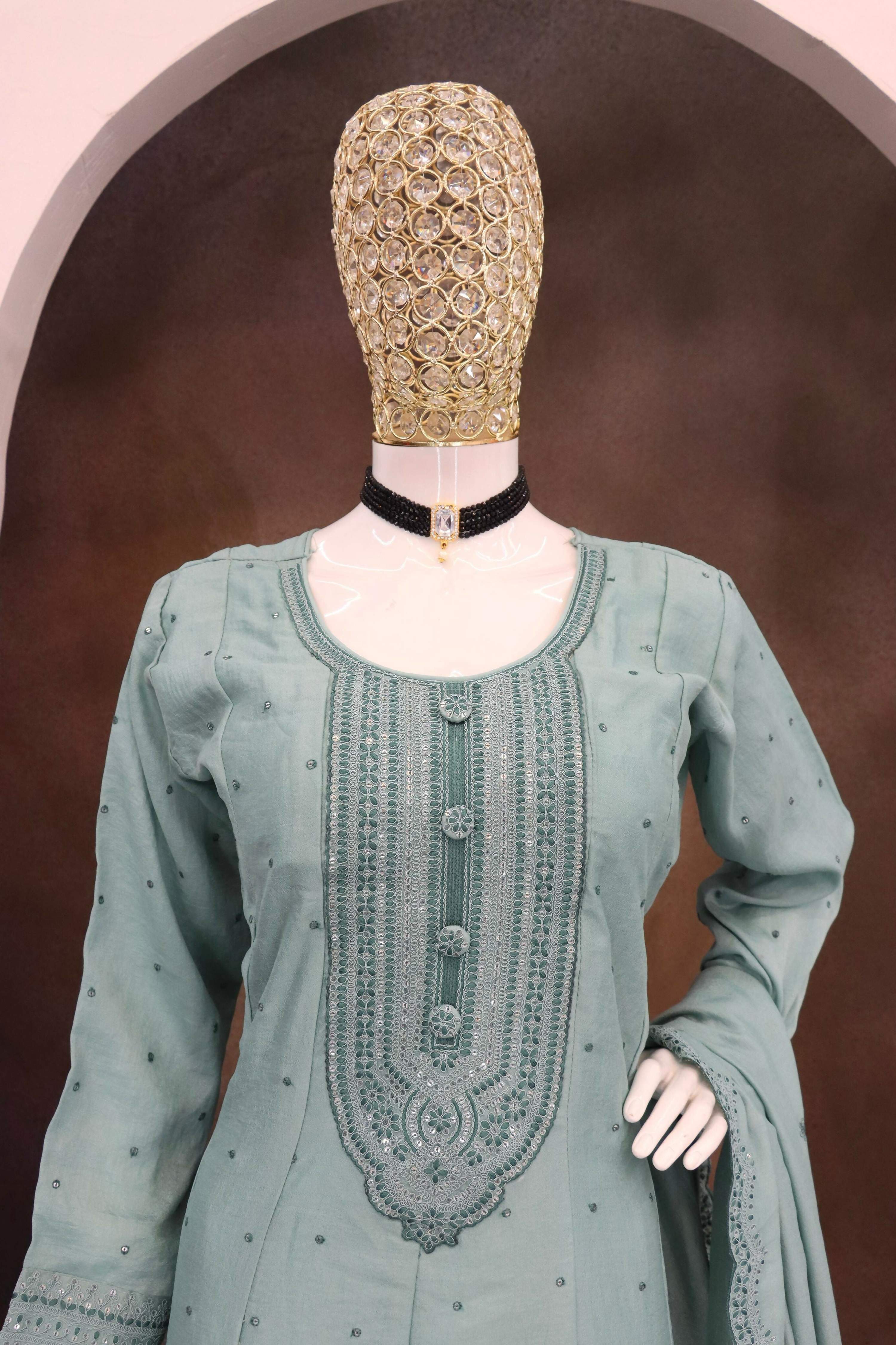 Teeya Creation Teal Color Heavy Vichitra Silk Embroidery Work Long Gown | Grocsy