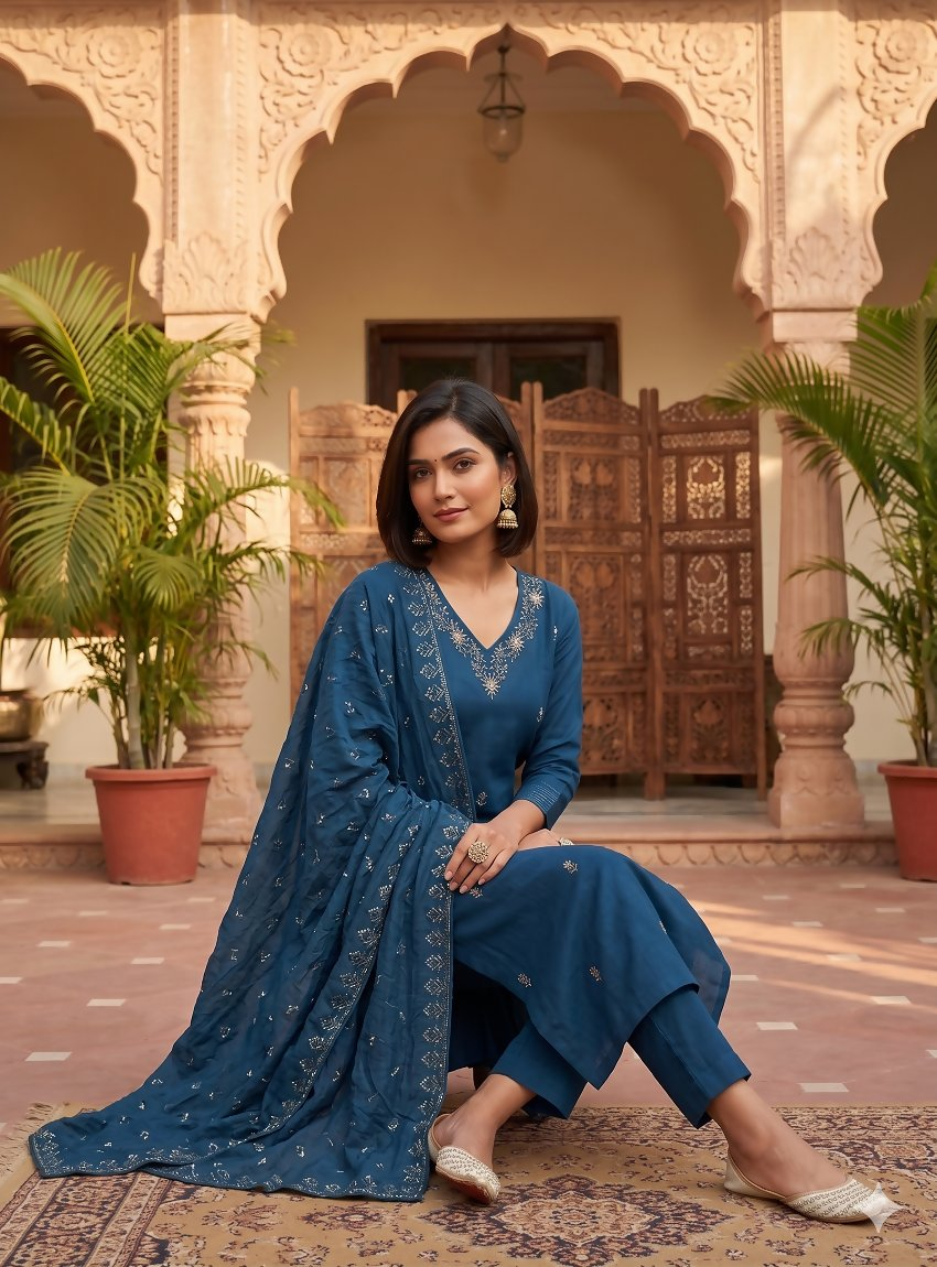 Teeya Creation Ready-To-Wear Dark Blue Chinon Salwar Suit Set With Thread And Sequence Work Set | Grocsy
