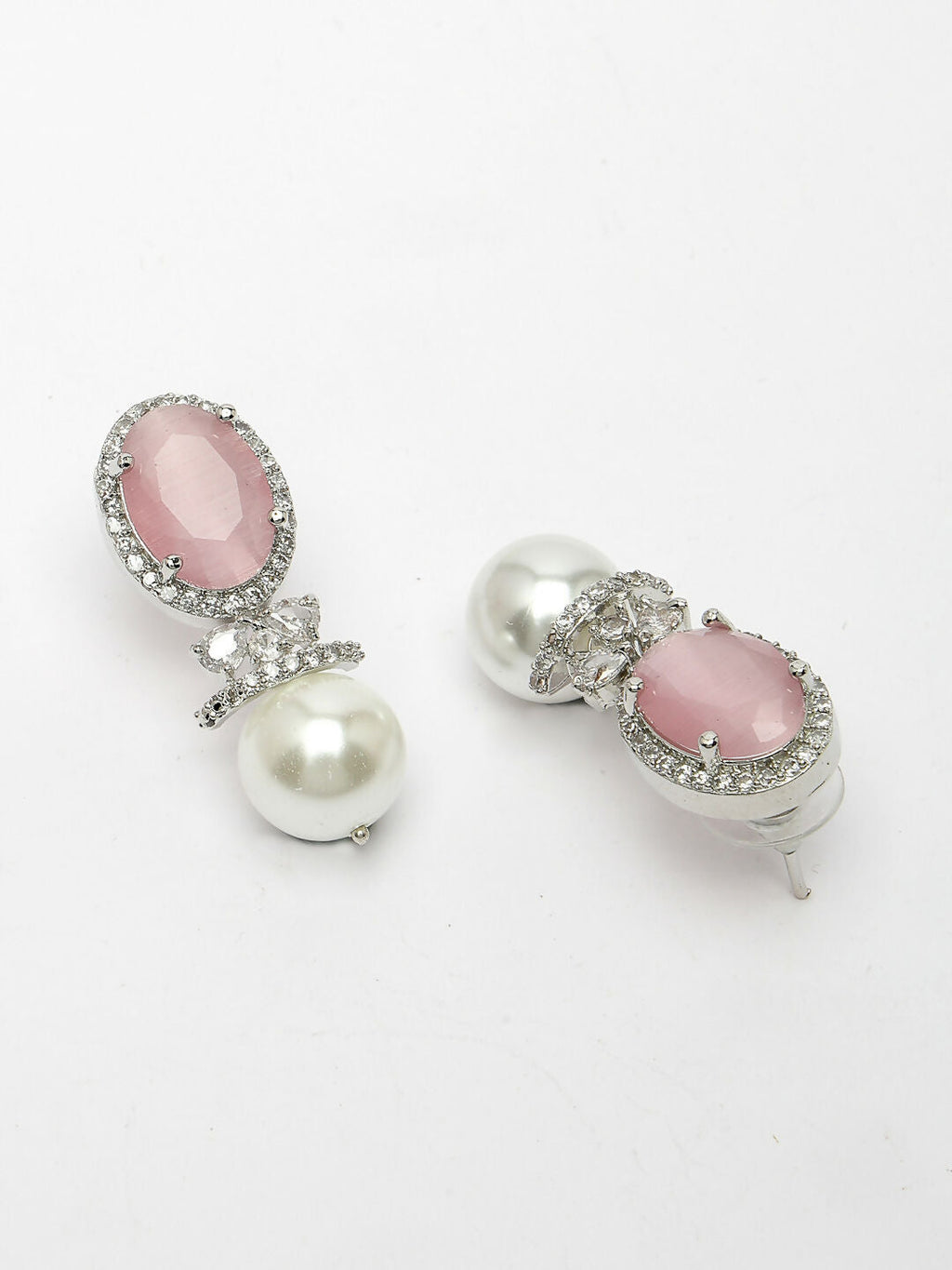 NVR Women's Silver-Plated Pink American Diamond Studded Handcrafted Jewellery Set | Grocsy