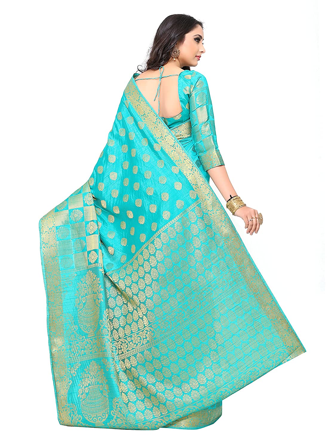 Mimosa Women's Turquoise Blue Woven Art Silk Saree With Blouse Piece | Grocsy