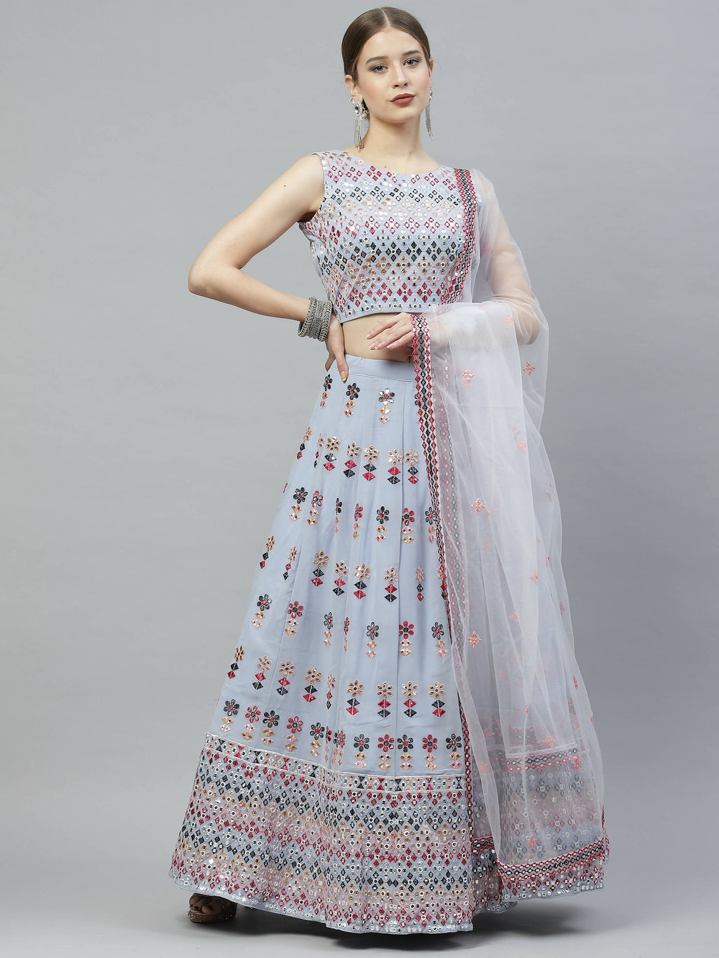 Sky Blue Georgette Heavy Embroidery mirror Work Lehenga Choli with Dupatta - Jivika | Grocsy