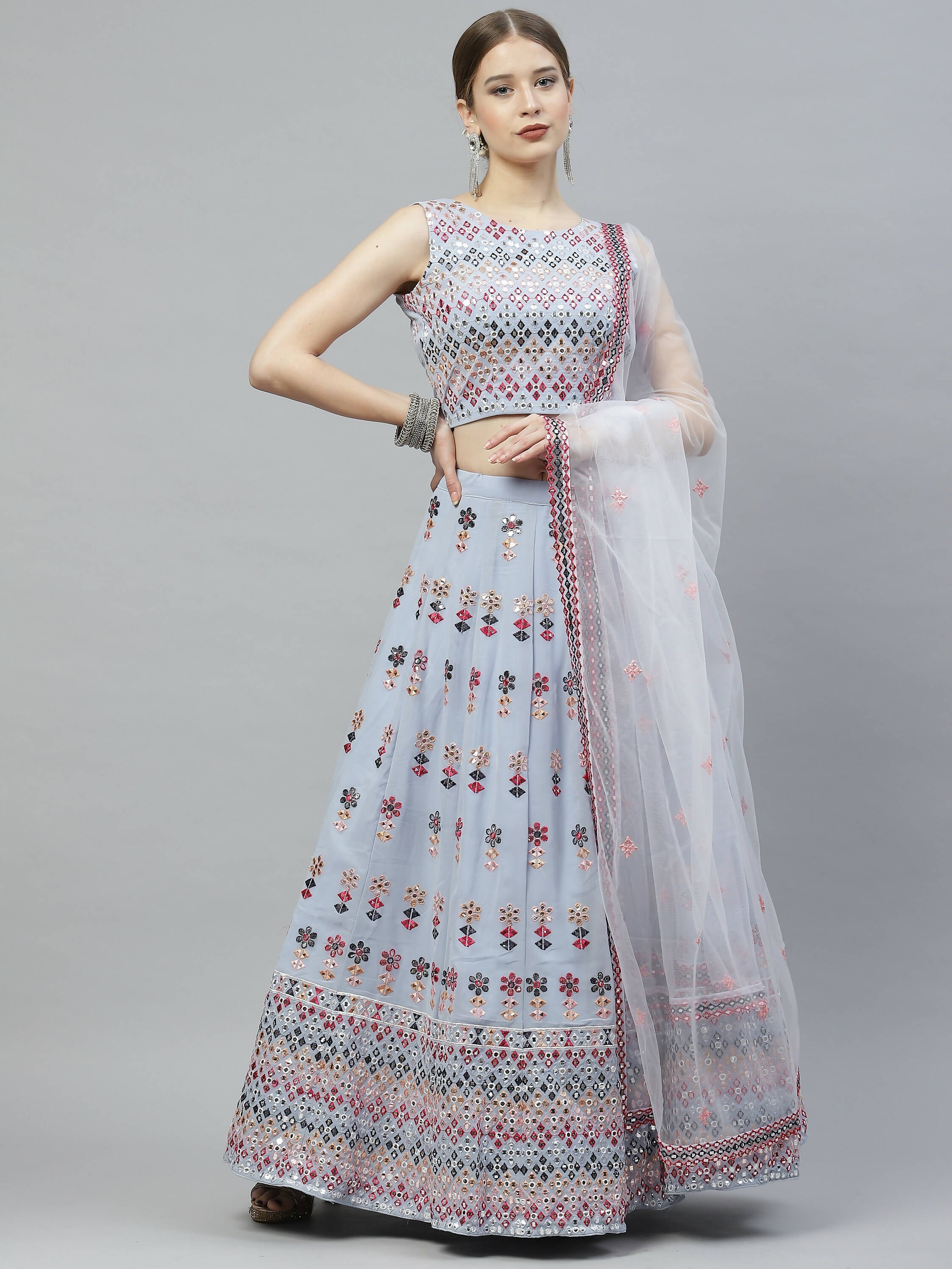Sky Blue Georgette Heavy Embroidery mirror Work Lehenga Choli with Dupatta - Jivika | Grocsy