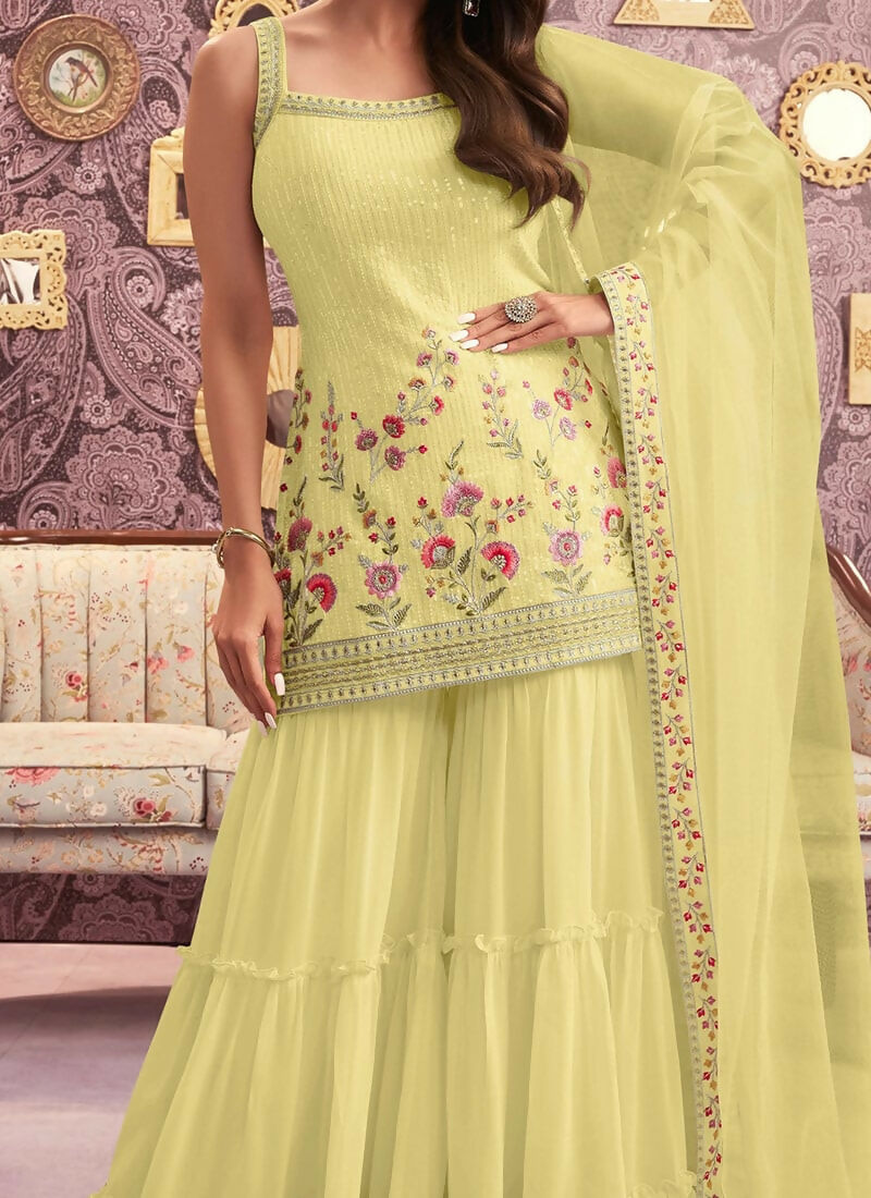 Vastranavya Malaika Arora Cream Georgette Embroidered Sequins Palazzo Suit | Grocsy