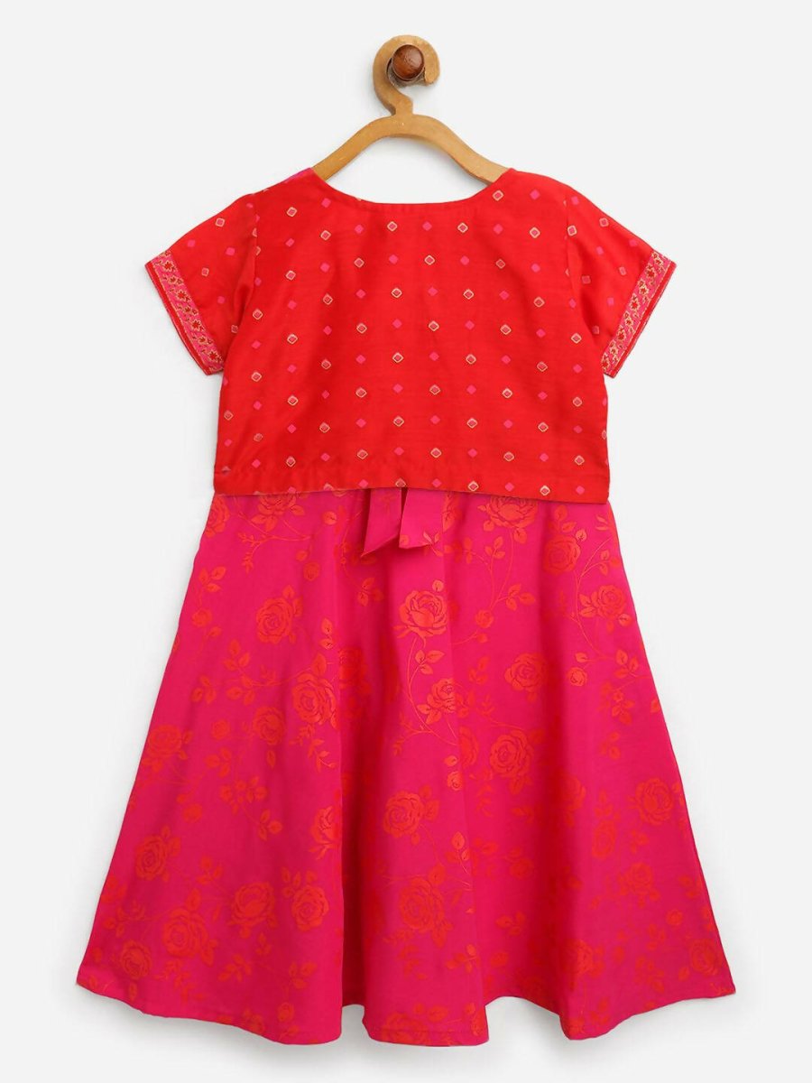 Ahalyaa Pink Crepe Floral Printed Kids Kurta with Jacket For Girls | Grocsy