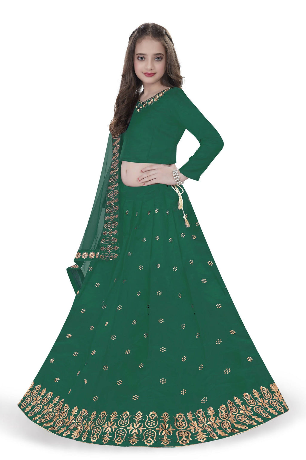 Dwiden Green Queen Tafetta Sattin Semi-Stitched Girl's Lehenga Choli | Grocsy