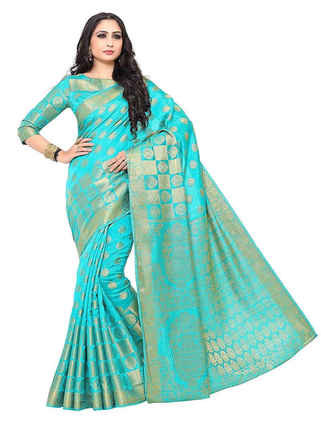 Mimosa Women's Turquoise Blue Woven Art Silk Saree With Blouse Piece | Grocsy
