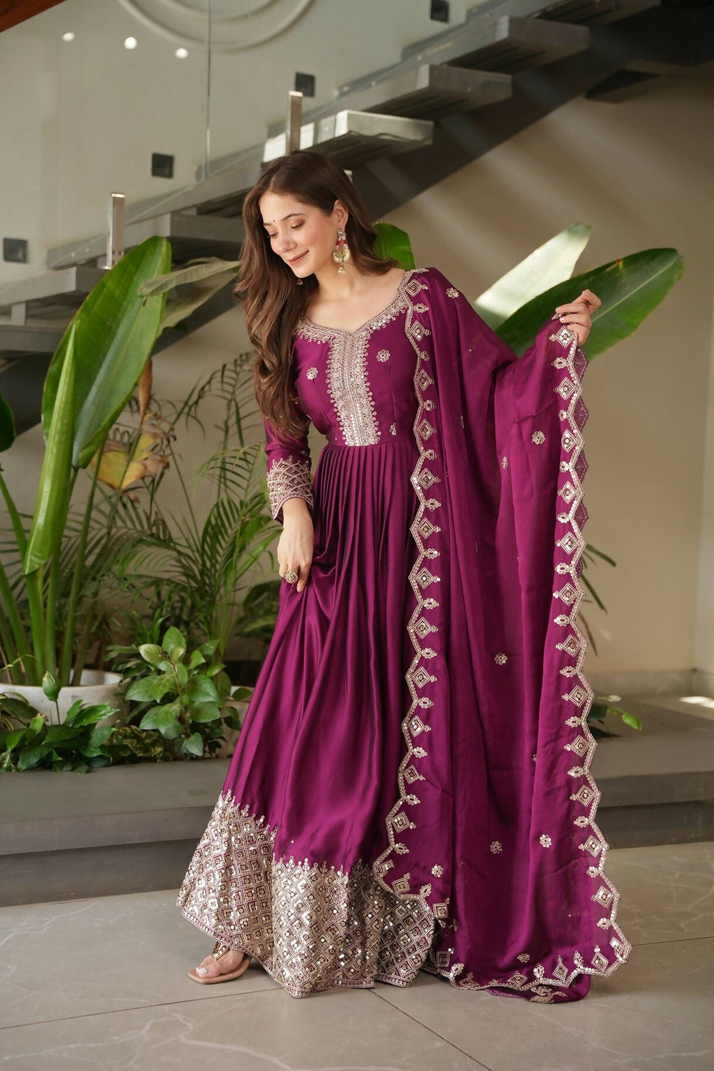 Teeya Creation Rani Color Heavy Crush Silk Wedding Wear Embroidery Work Long Gown | Grocsy