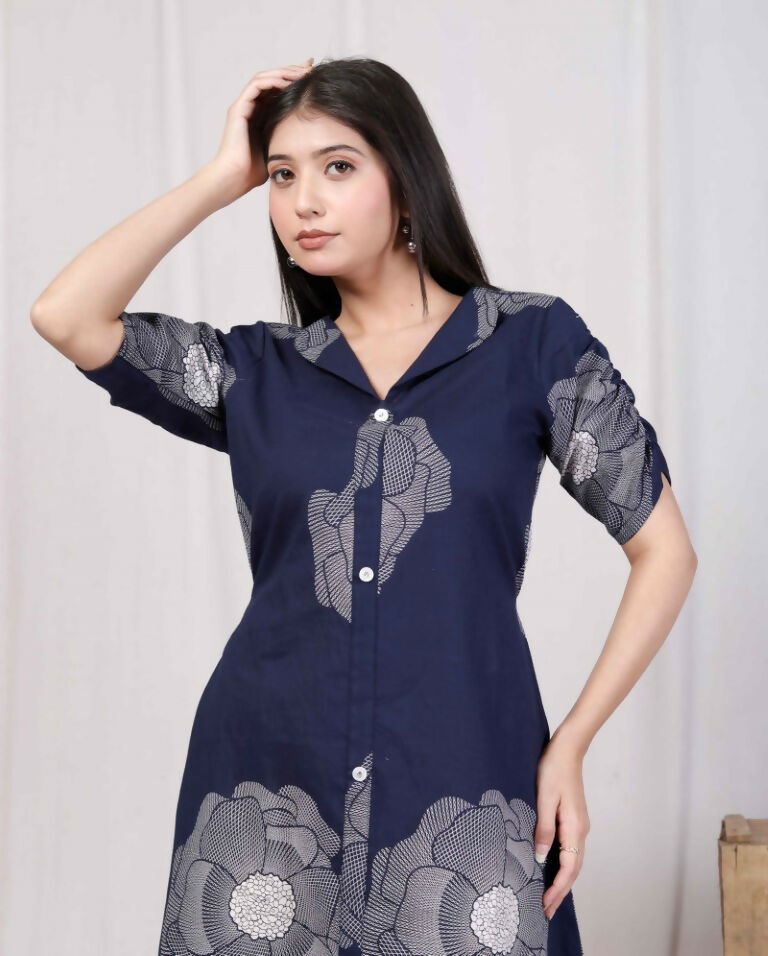 Miravan Women's Blue Floral Printed Front Buttoned A-Line Maxi Dress | Grocsy