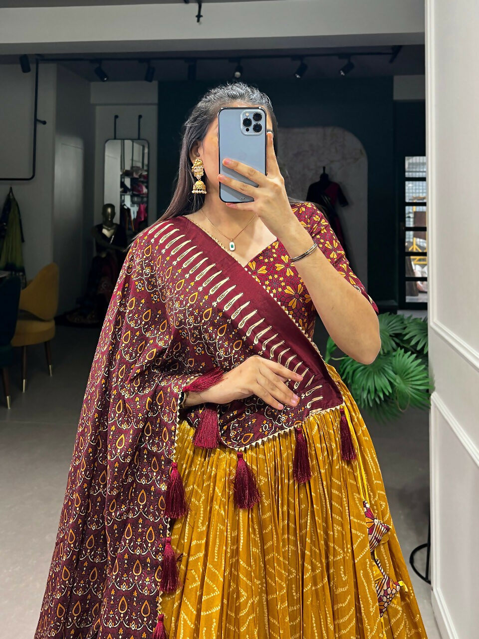 Vastranavya Bandhej And Ajarakh Print Tussar Silk Lehenga Choli - Mustard | Grocsy