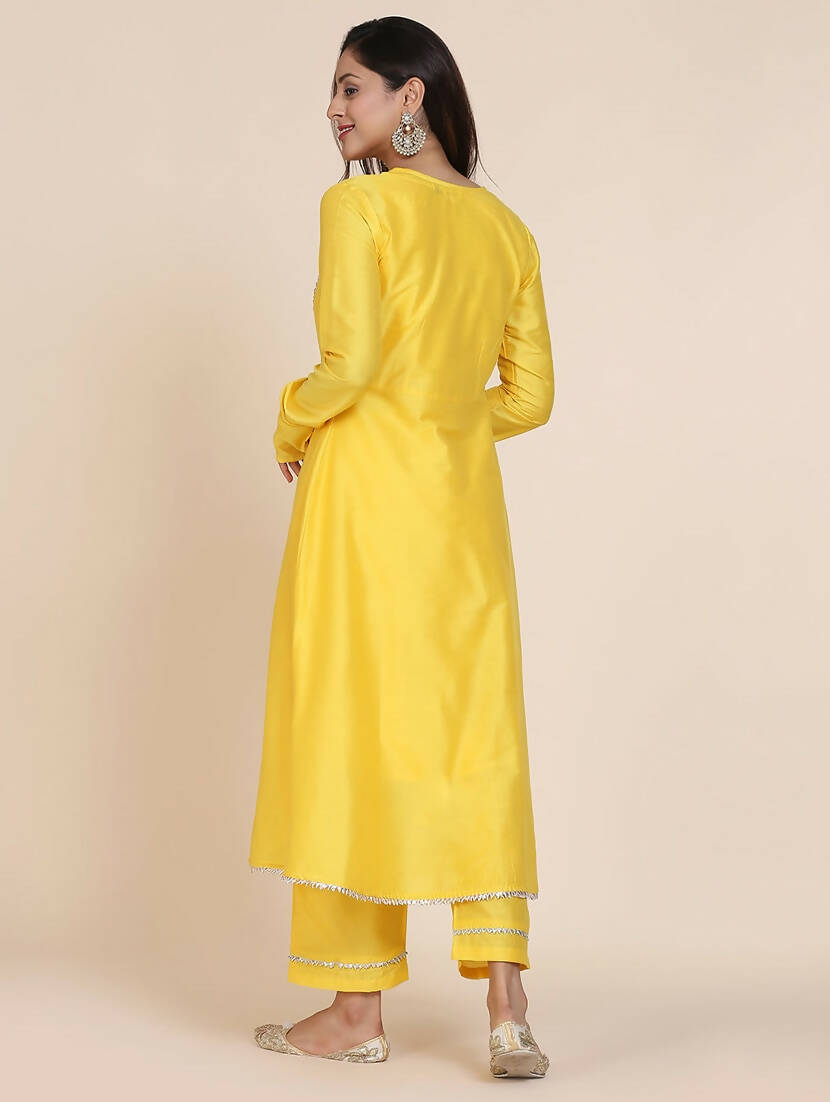 Cheera Women's Yellow Silk Blend With Gota Work Double Layer Dress With Silk Straight Pant Set | Grocsy