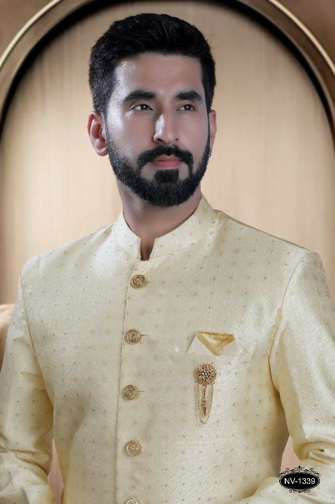 Joban Fashion Men's Cream Brocade Kurta with Pyjama | Grocsy