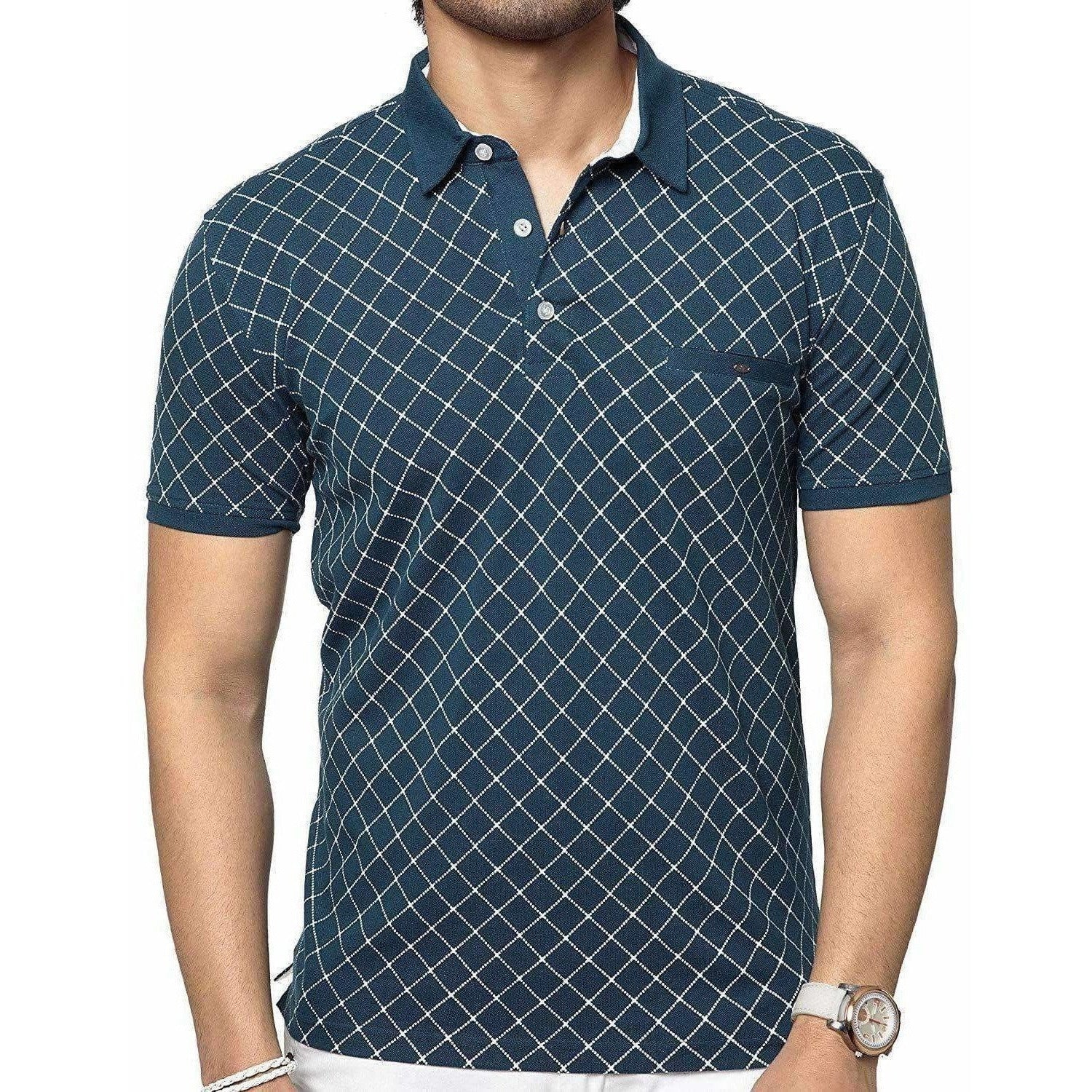 Men's Cotton Printed Green Polo Tshirt Half Sleeve | Grocsy