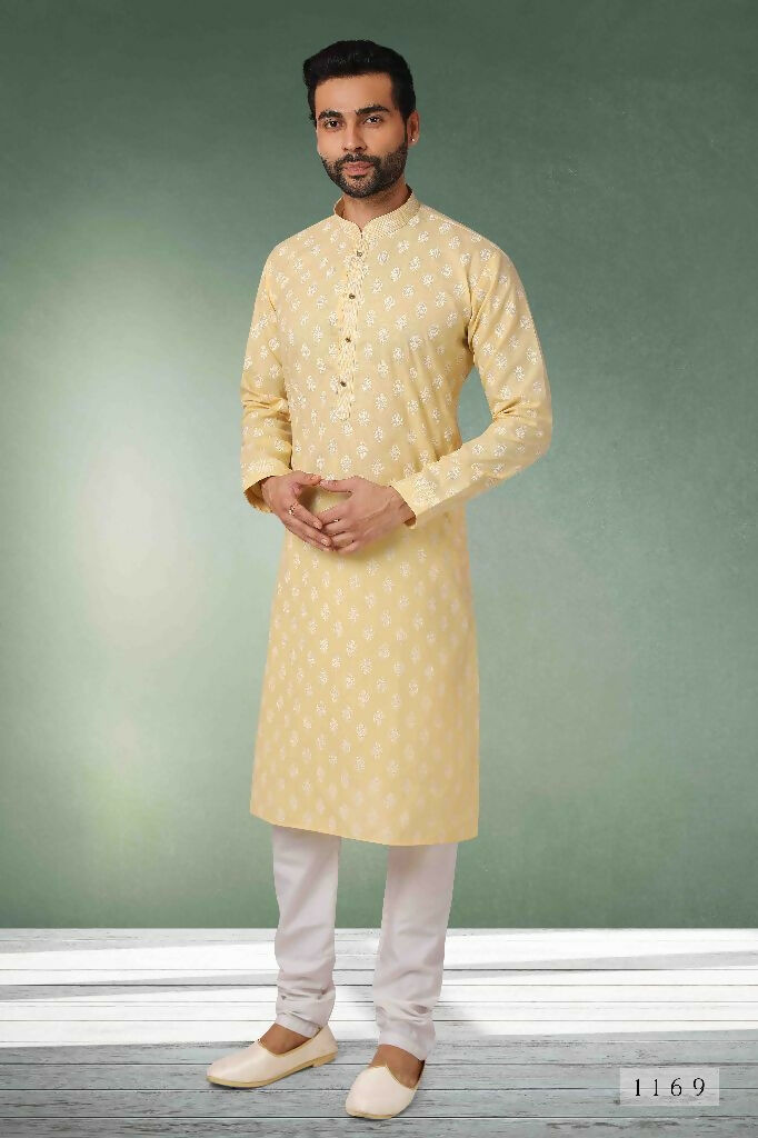 Raivat Ethnic Cotton Printed Work Kurta Pajama In Lemon Yellow Colour | Grocsy