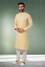 Raivat Ethnic Cotton Printed Work Kurta Pajama In Lemon Yellow Colour | Grocsy