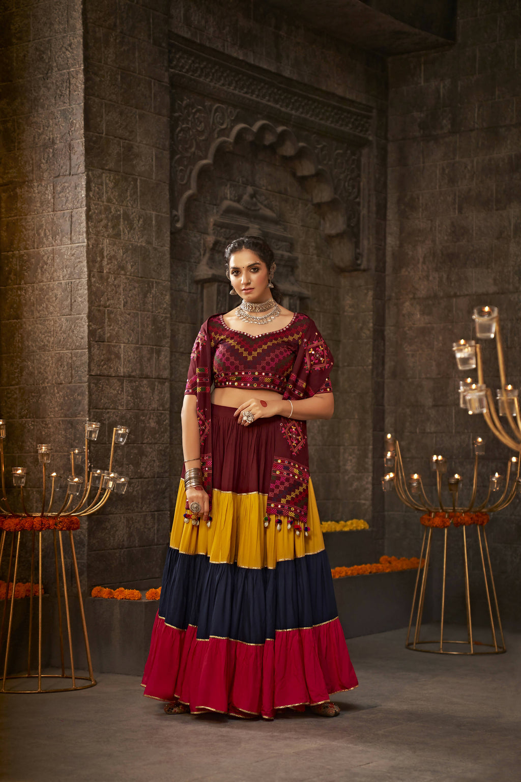 Multi Color Viscose Rayon Thread Embroidered Navratri Lehenga Choli with Dupatta - Raas | Grocsy