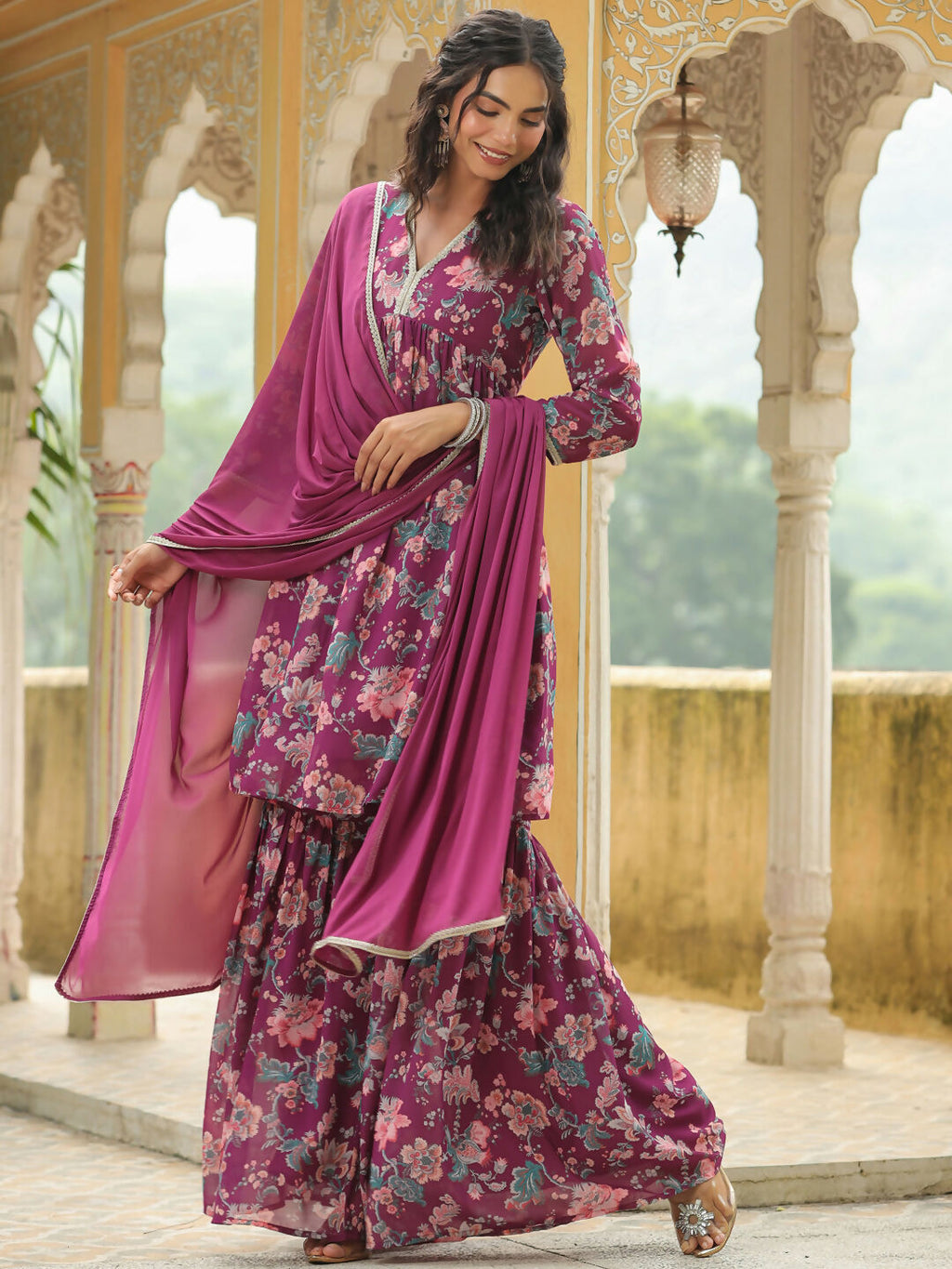 Janasya Purple Georgette Floral Kurta,Bottom & Dupatta | Grocsy