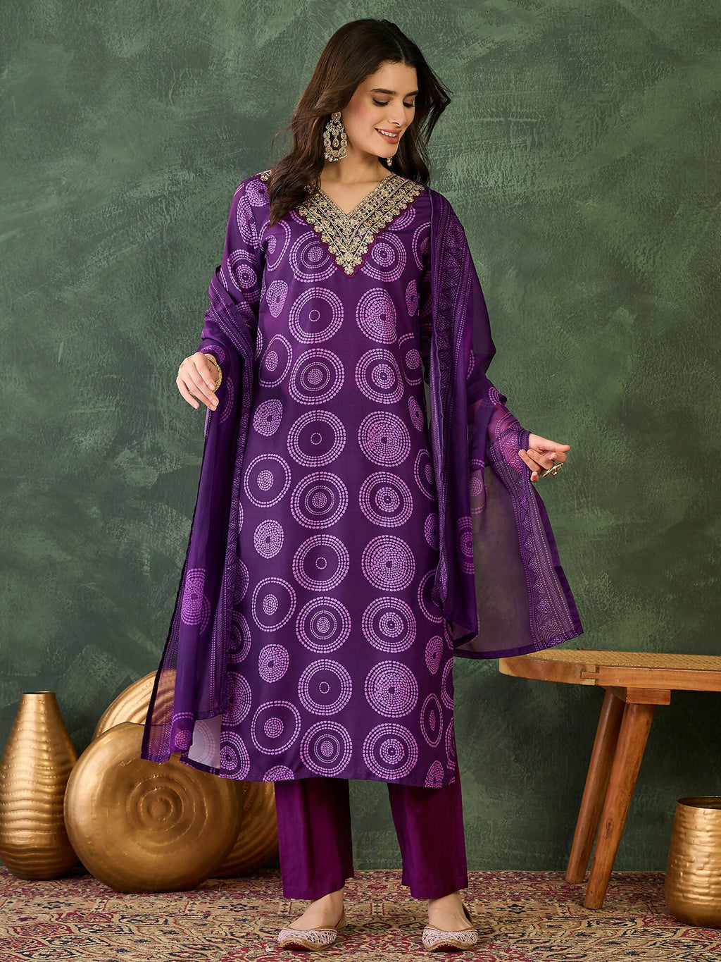 The52 Women's Gorgeous Rayon Embroidery Straight Kurta with Pant And Dupatta Set-Purple | Grocsy