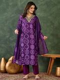 The52 Women's Gorgeous Rayon Embroidery Straight Kurta with Pant And Dupatta Set-Purple | Grocsy