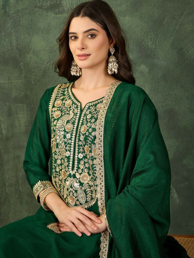 The52 Women's Beautiful Embroidery Work Vichitra Silk Fabric Flared Kurta Pant and Dupatta Set | Grocsy