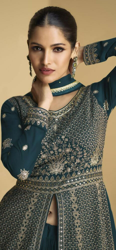 Vastranavya Teal Georgette Embroidered Sequins Work Anarkali Style A Line Suits | Grocsy