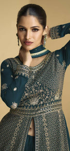 Vastranavya Teal Georgette Embroidered Sequins Work Anarkali Style A Line Suits | Grocsy