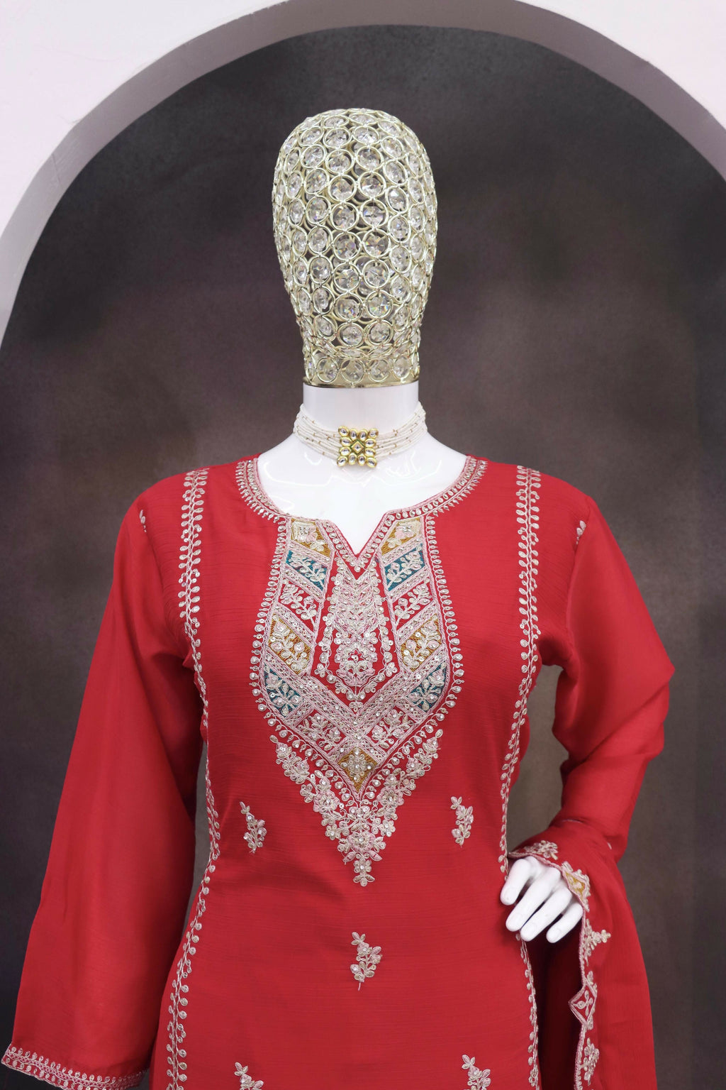 Anaita Red Heavy Chinon Readymade Suit with Embroidery & Sequence Work | Grocsy