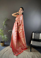 Joban Fashion Peach Flower Jall Pattern Soft Silk Banarasi Saree | Grocsy