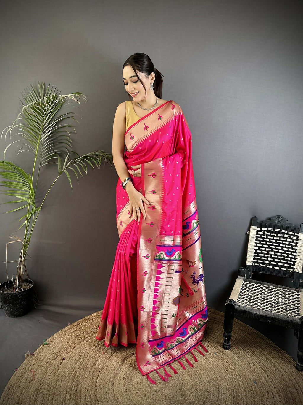 Joban Fashion Rani Pink Peacock & Floral Motifs Soft Lichi Silk Kanchipuram Saree | Grocsy
