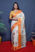 Jyoti Fashion Women's Orange Linen Silk Digital Print with Jacquard Woven Border Saree with Blouse | Grocsy