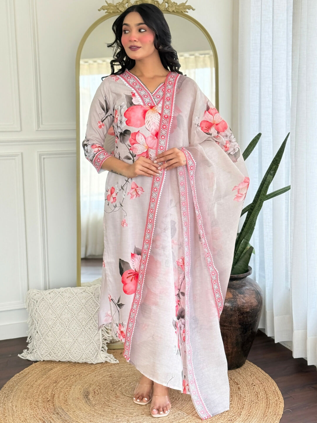 The52 Women's Beautiful Rayon Fabric Printed Work Straight Kurta Pant and Dupatta Set | Grocsy