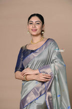 Very Much Indian Rajsi - Handloom Ari Checks Cotton Silk Saree With Golden Border - Grey | Grocsy