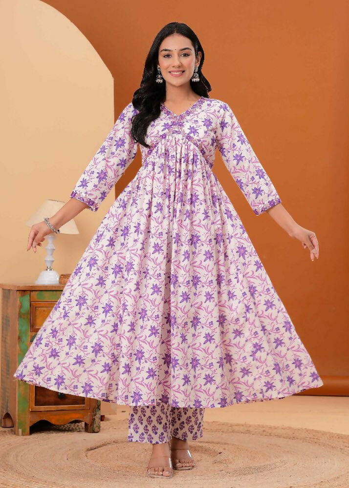 Jaimini Women Cotton Printed V-Neck 3/4 Sleeves Calf Length Alia Cut Kurta Pant And Dupatta Set | Grocsy