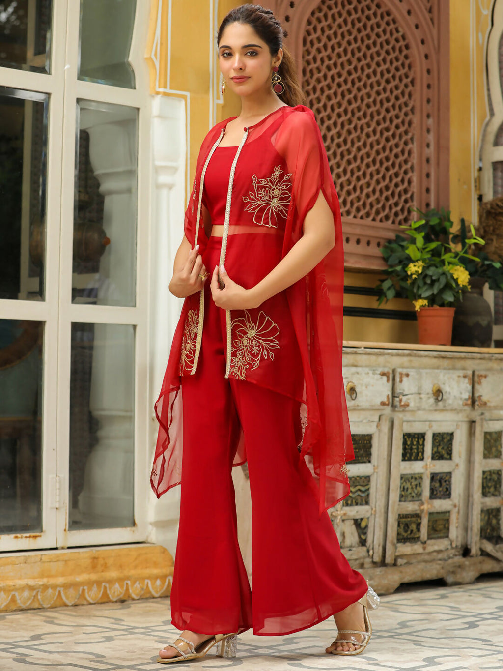 Janasya Maroon Georgette Solid Top Bottom Cape | Grocsy